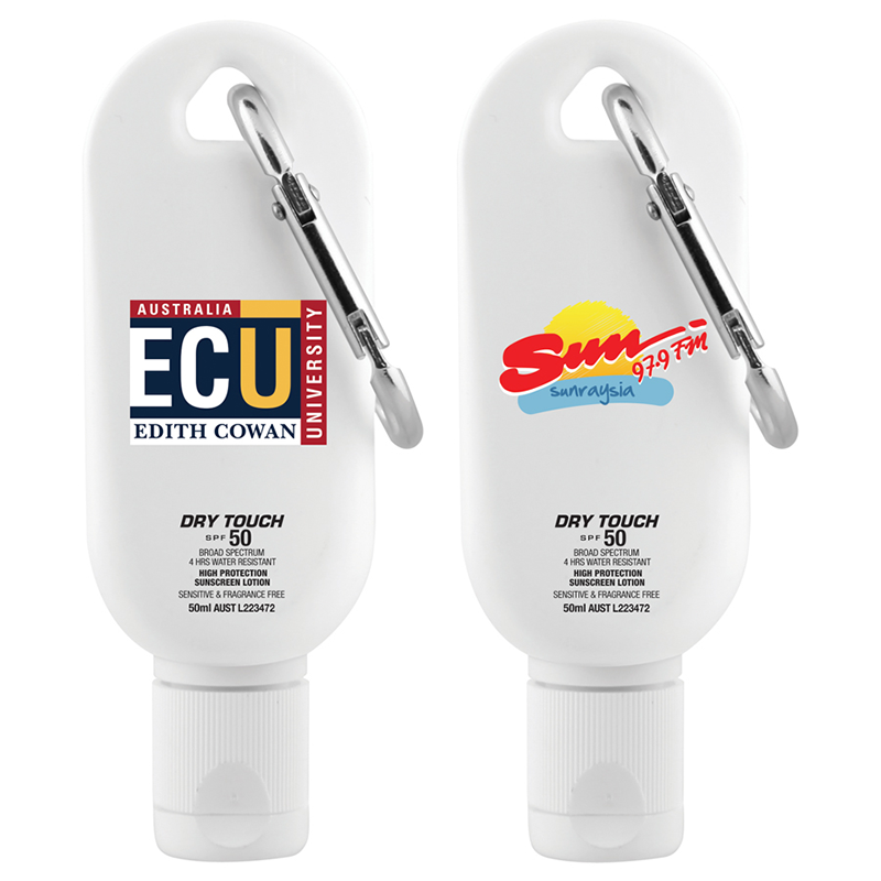 SPF 50  Sunscreen Carabiner with Logo Print