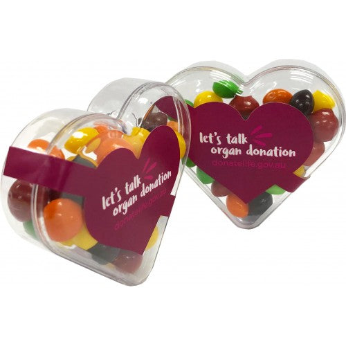 Skittles In Heart Shaped Acrylic Box with Logo Sticker